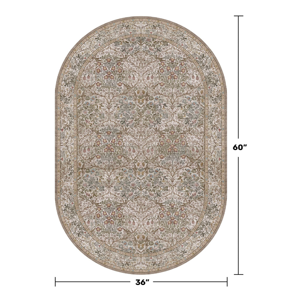 Vintage Moss Green Entryway Oval Rug, Washable Nature Rug, Boho Oriental Low Pile Stain Resistant Non-Slip Small