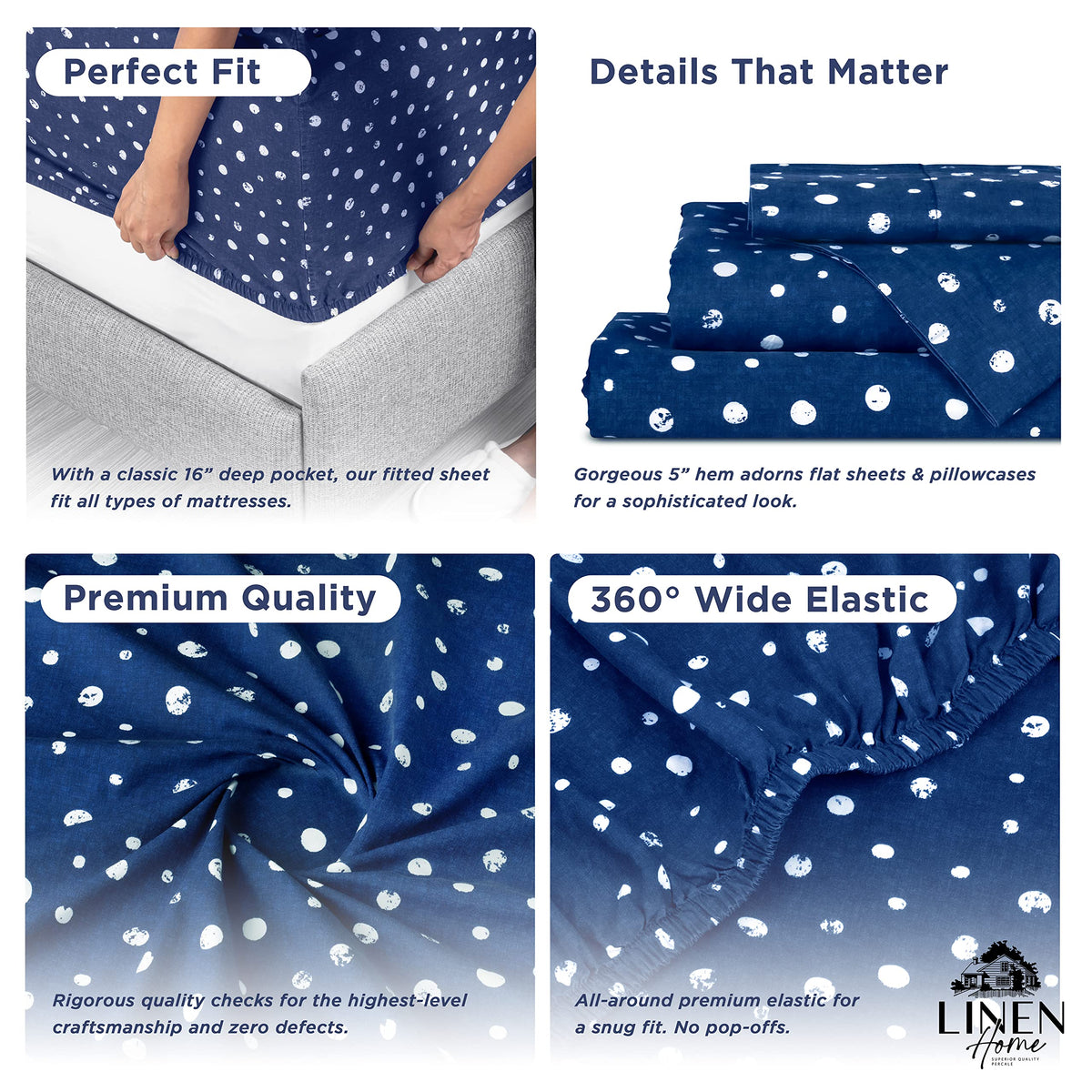 Cotton Lyocell Blend Percale Sheet Set Twin Size, Polka Navy