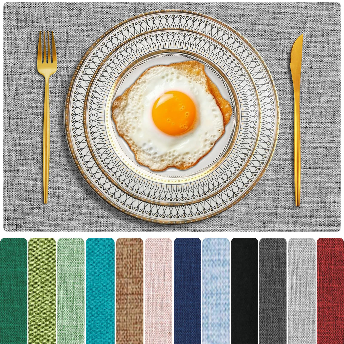 Cloth Placemats Set of 6, Cotton Linen Blend Place Mats, Medium Gray