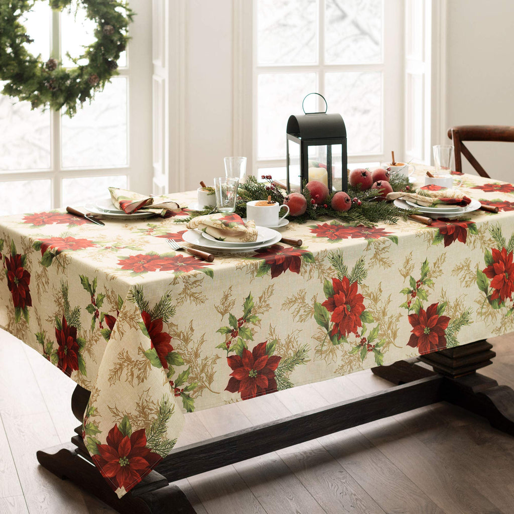 Festive Poinsettia Holiday Fabric Tablecloth, Multicolor - 60" W x 84" L