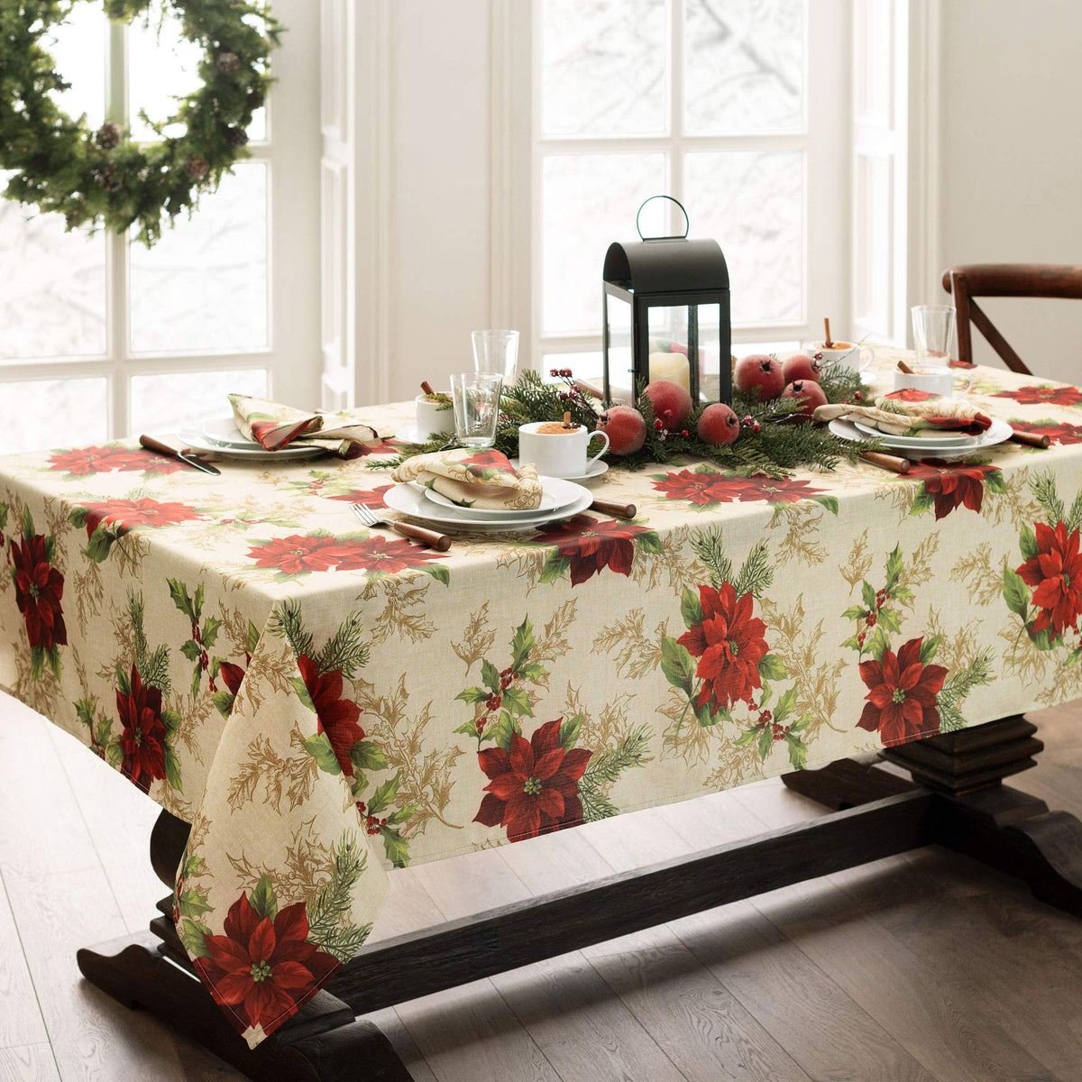 Festive Poinsettia Holiday Fabric Tablecloth, Multicolor - 60" W x 84" L