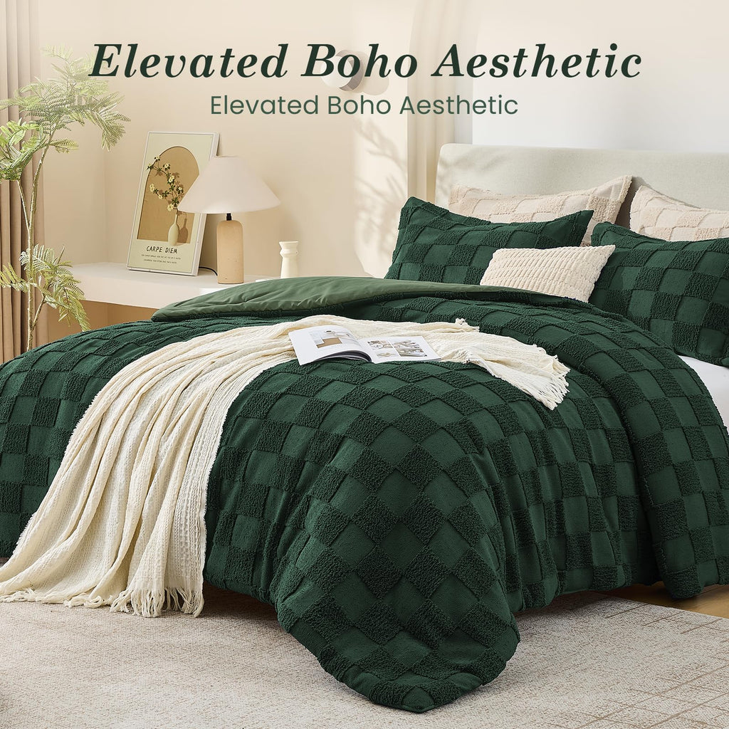 Comforter Set, 3 PC Boho Tufted Bed, Checkered Bedding, Green