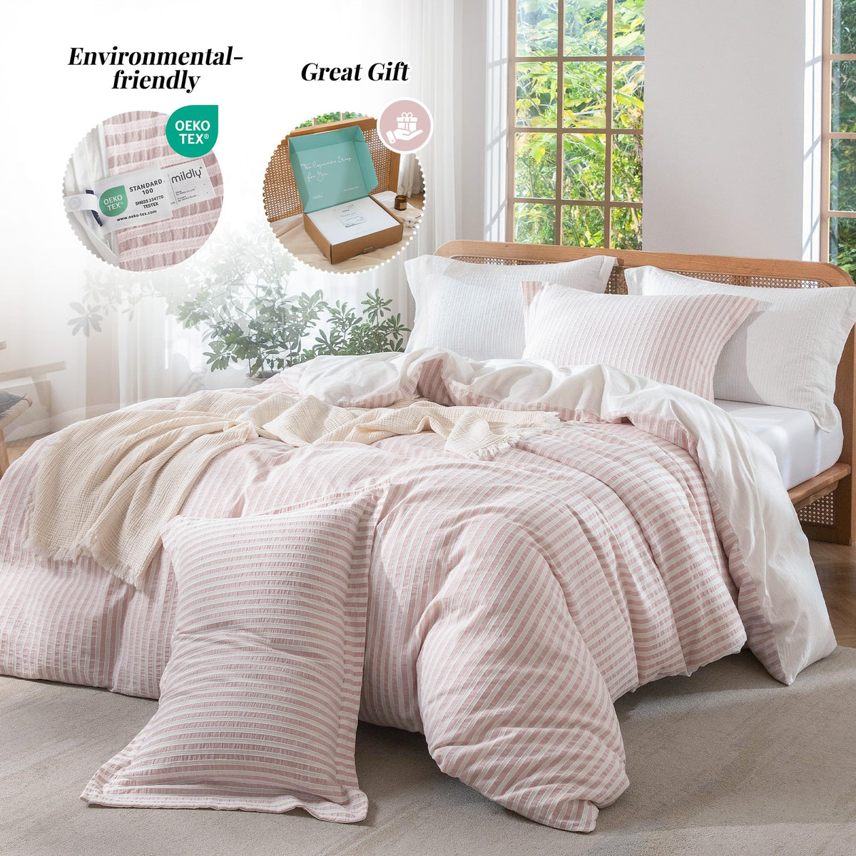 Jacquard Striped Duvet Cover Set 3pcs Dual Zipper Pink Full