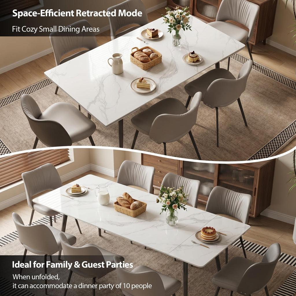 Modern Extendable White Stone Dining Table for 8-10 People, 62.9"-94.4" Rectangular Kitchen Table with Black Metal