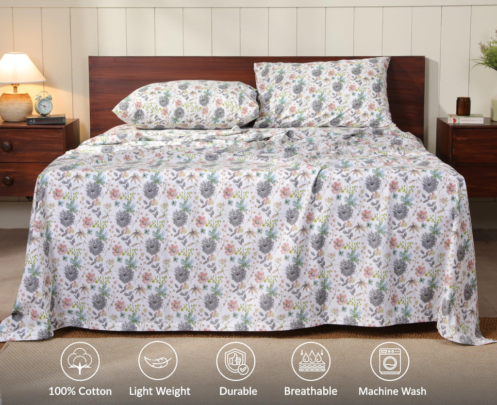 100% Cotton Split King Sheets, Percale Sheet Set, Dandelion Field