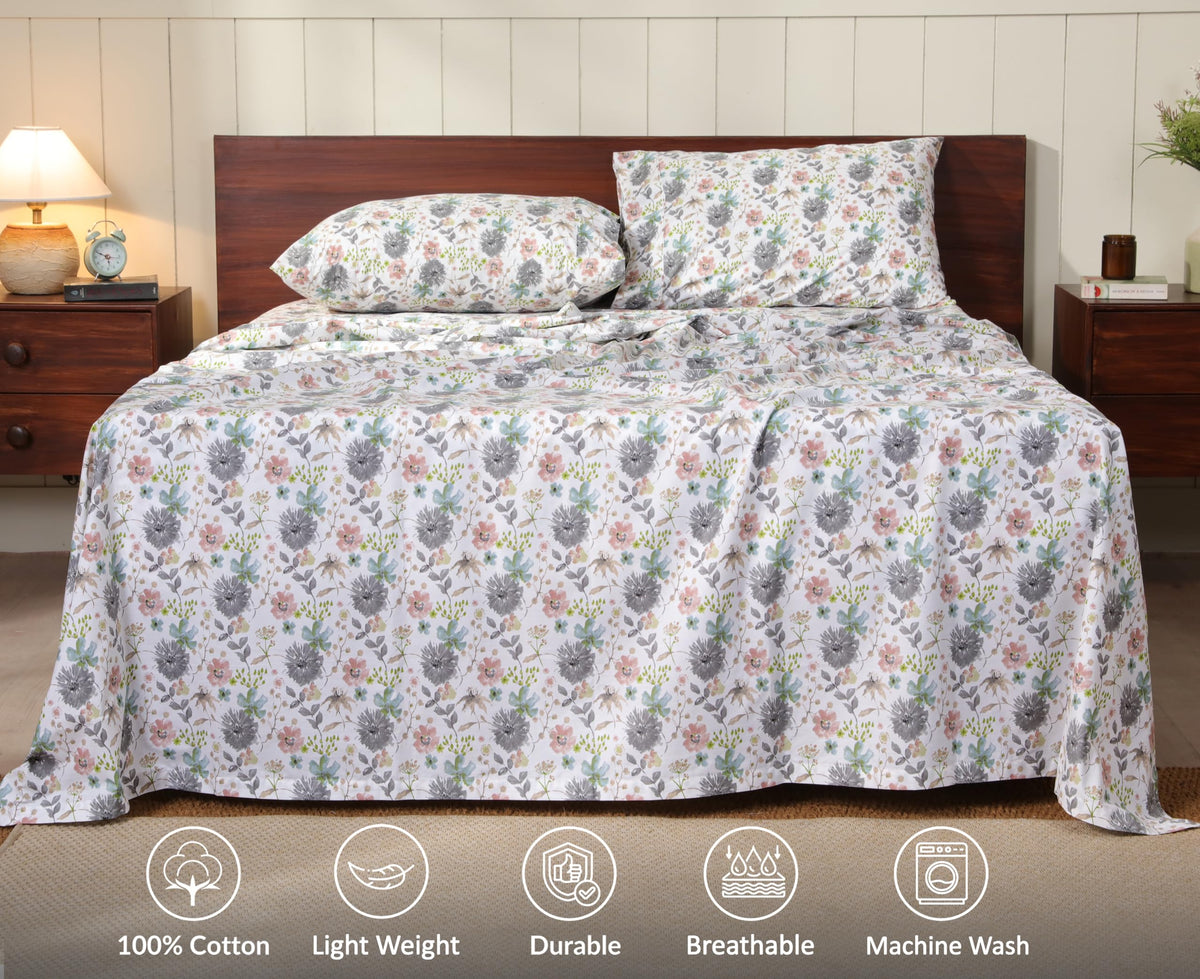 100% Cotton Split King Sheets, Percale Sheet Set, Dandelion Field