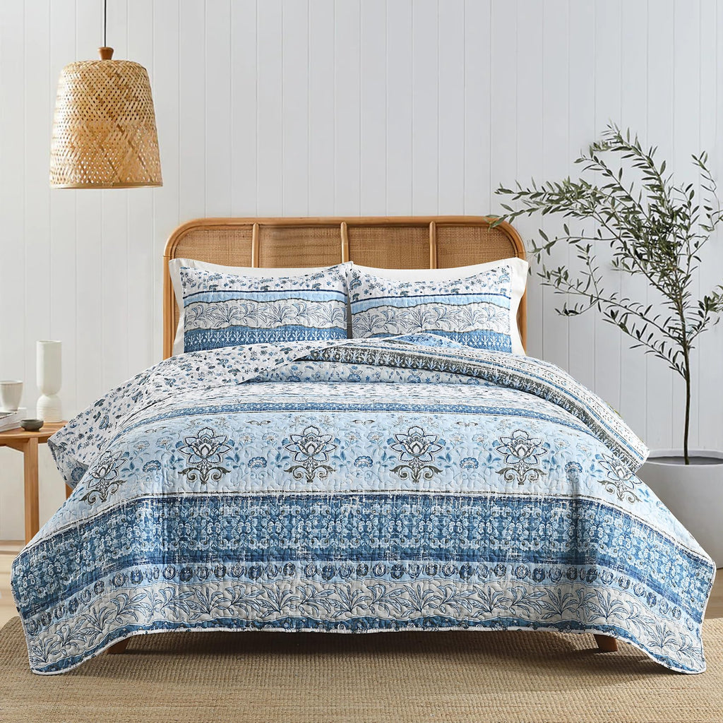 Boho Quilt Blue Bohemian Floral Quilt Bedding Set, Soft Lightweight Comforter Set for All Season