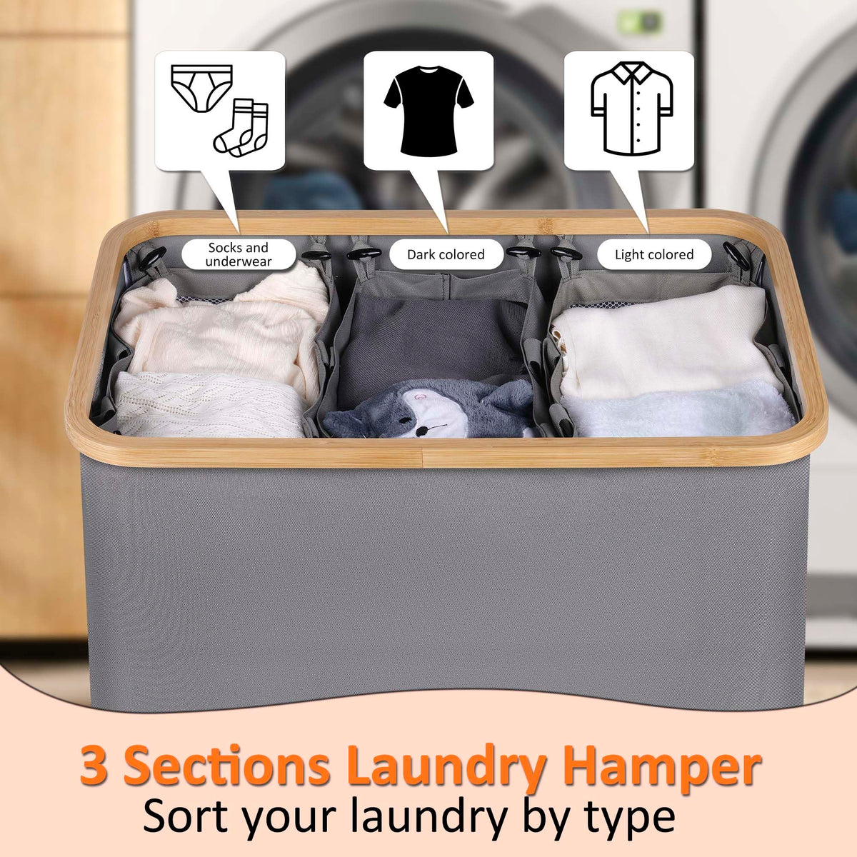 Laundry Hamper 3 Section with lid and 3 Removable Bags, Silver Grey