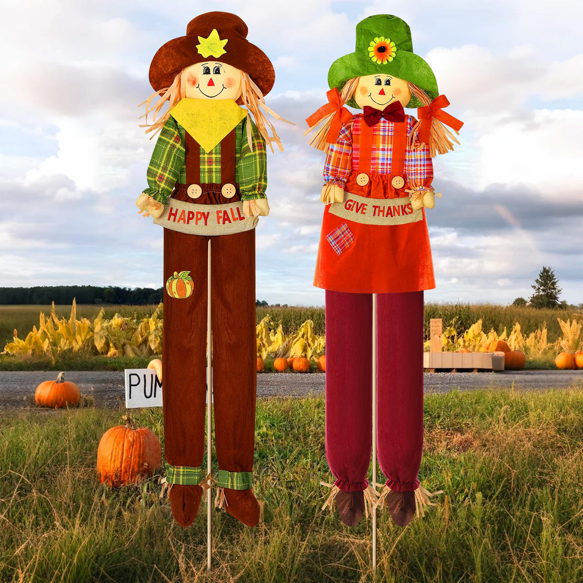 2 Pack Fall Scarecrow Outdoor Decorations, Plaid, Cute, 60''