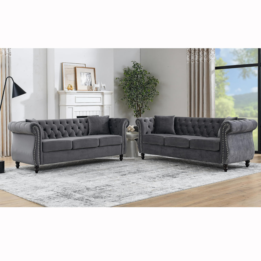Chesterfield Sofa, Retro Style Upholstered 3+3 Seats Couch with Rolled Arm Bedroom Office, Grey