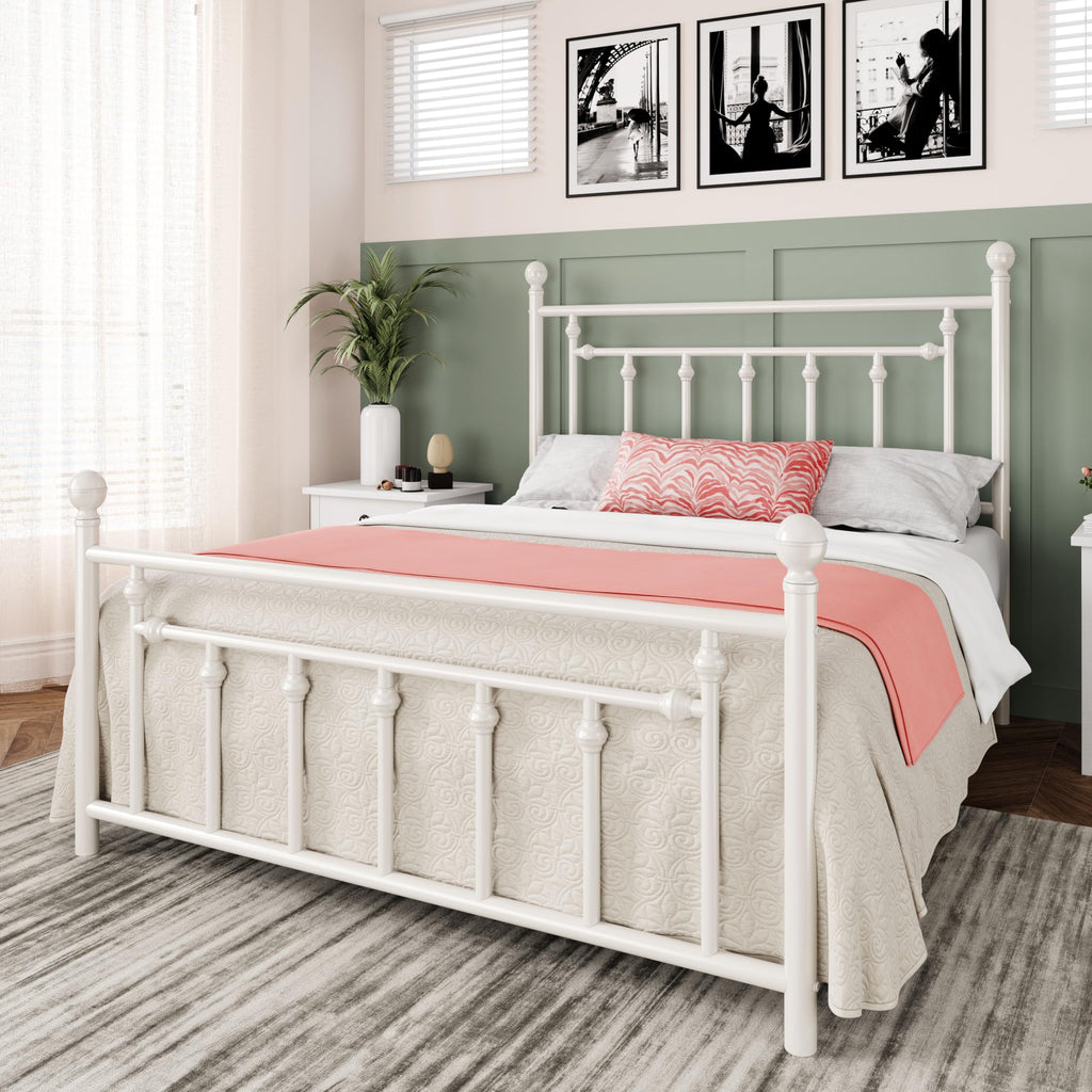 14'' Metal Platform Bed Frame, Vintage Headboard, White