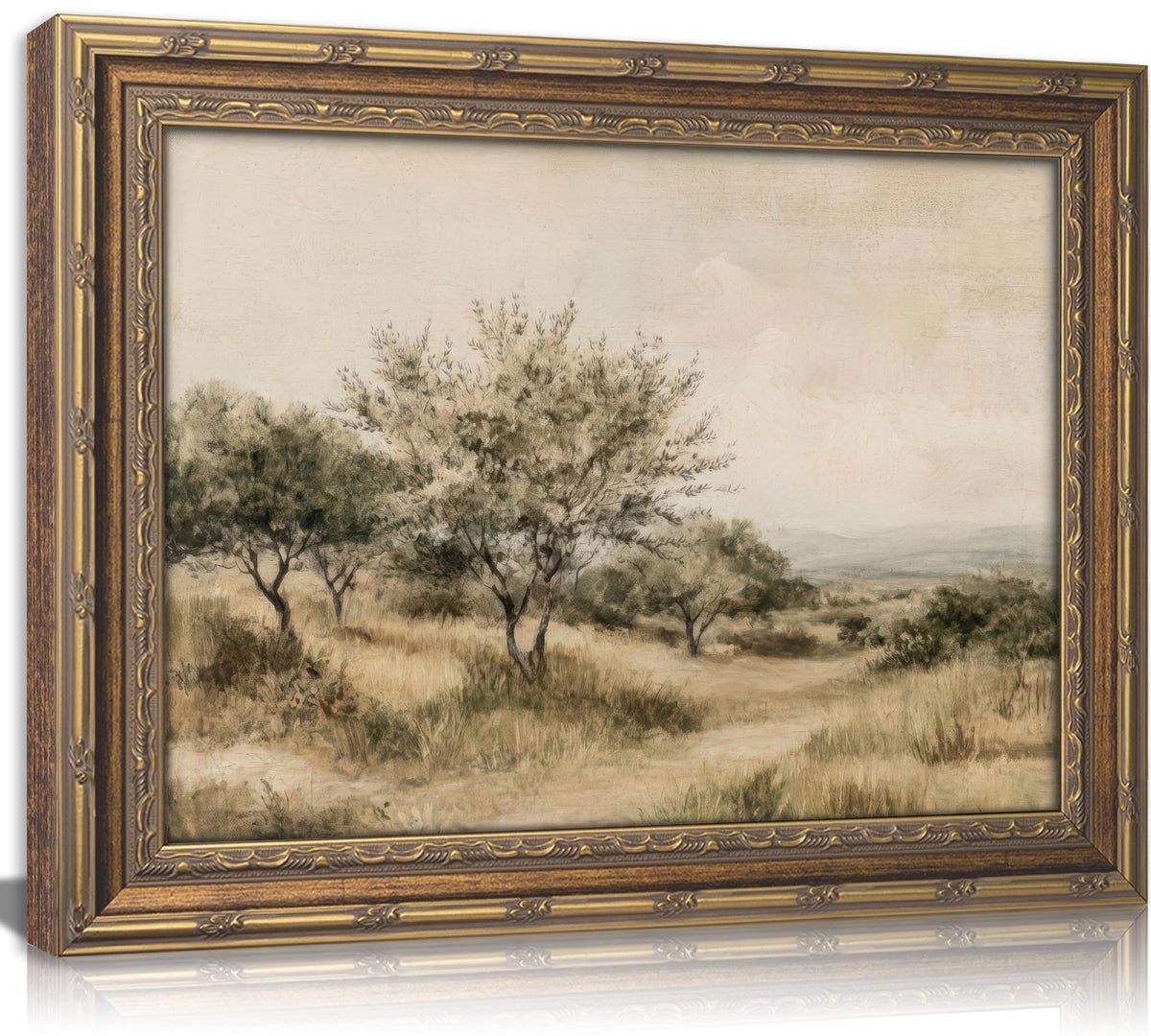 Vintage Gold Framed Olive Tree Landscape Wall Art - Retro Country Farmhouse Canvas Prints, Rustic Nature Scene