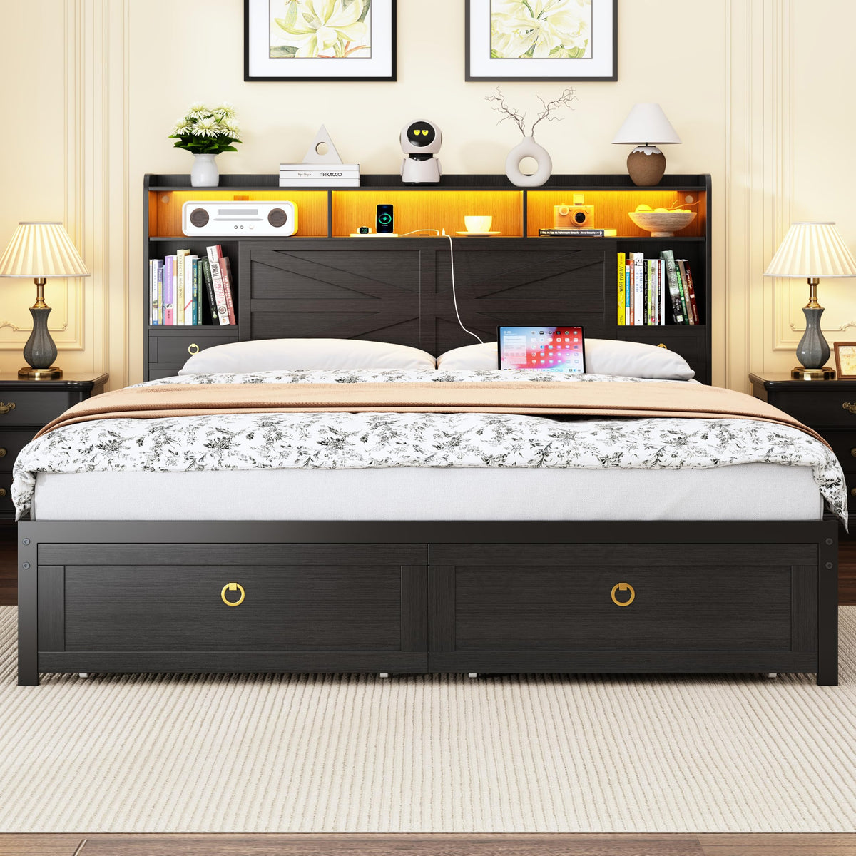 Bed Frame with Storage Headboard, Farmhouse Platform Bed Frame with Bookshelf, Drawers, LED Lights and Charging