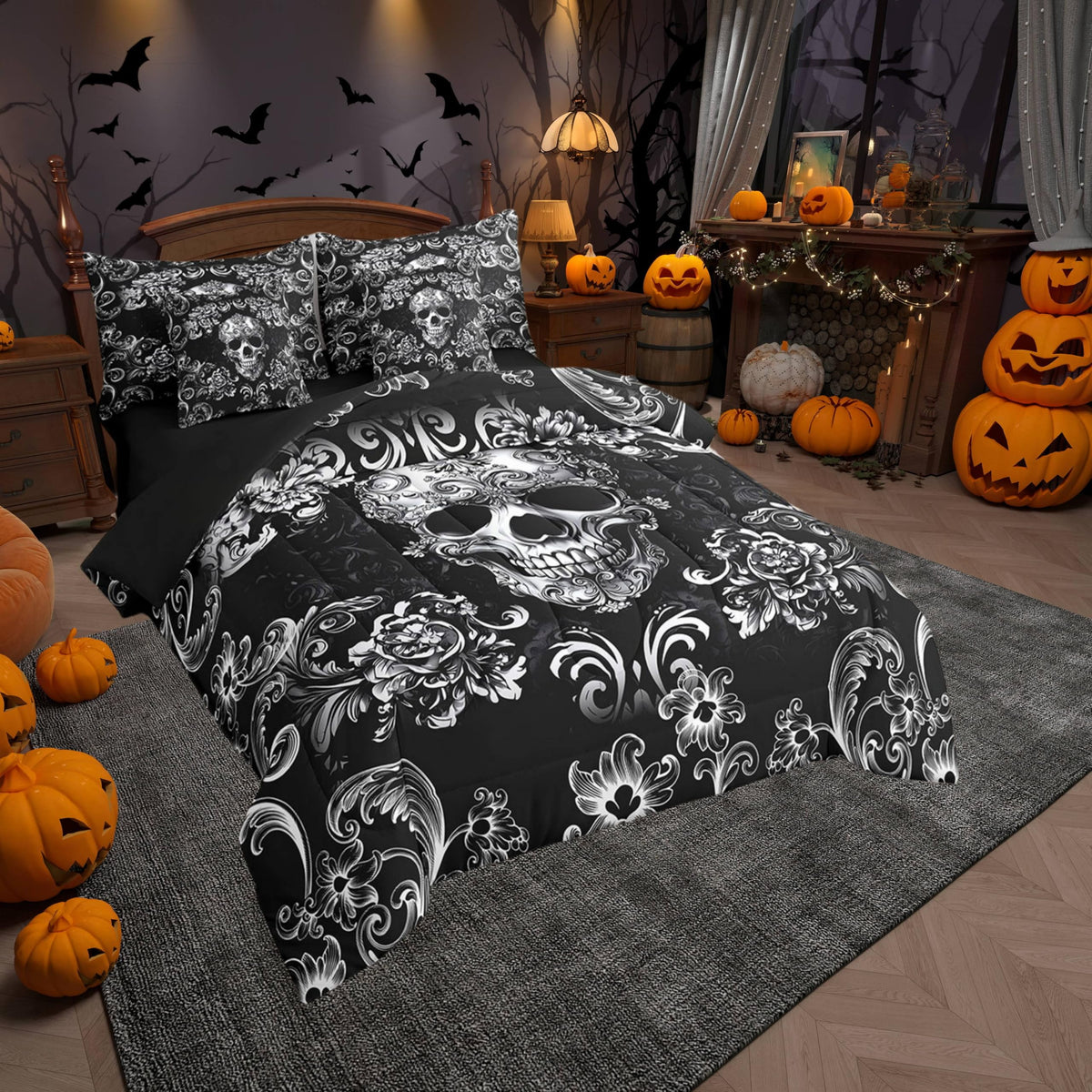 Gothic Skull Comforter Set in a Bag 7 Pieces, Halloween Flower Skeleton Bed Set Twin, Bohemian Victorian Style Bedding
