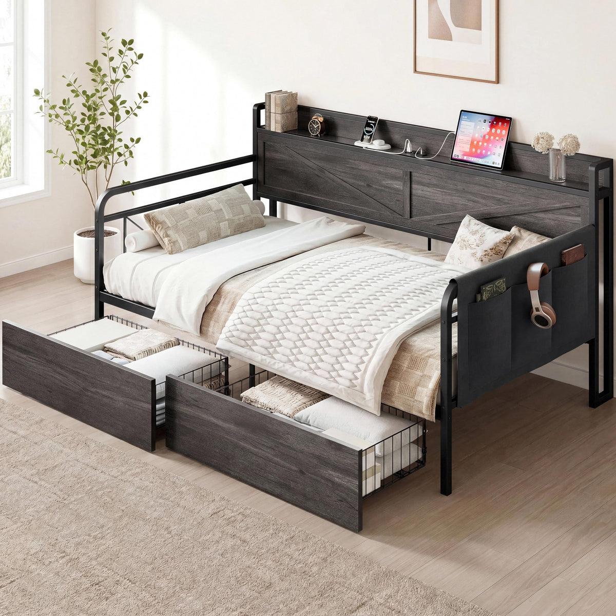 Twin Daybed with Farmhouse Storage Headboard