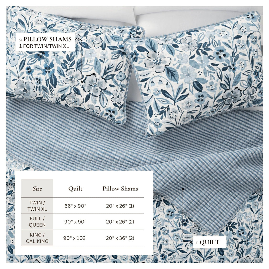 Floral Quilt Set - 3-Piece Size Coastal Bloom Bedding Set - Lightweight, All-Season, Reversible