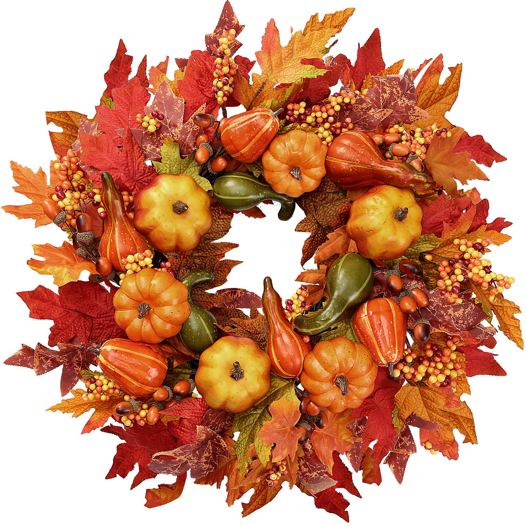 Fall Wreath 23'' Artificial Autumn Front Door Wreath with Large Pumpkins Clusters of Berries Maple Leaves Acorn for
