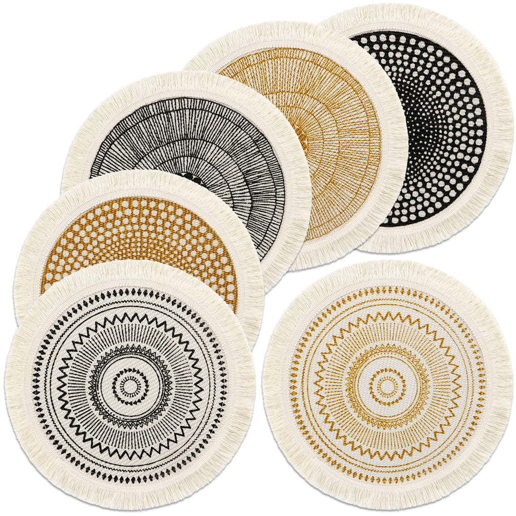 Set of 6 Round Placemats 13 Inch Cotton Woven Mandala Tassels Table Mats