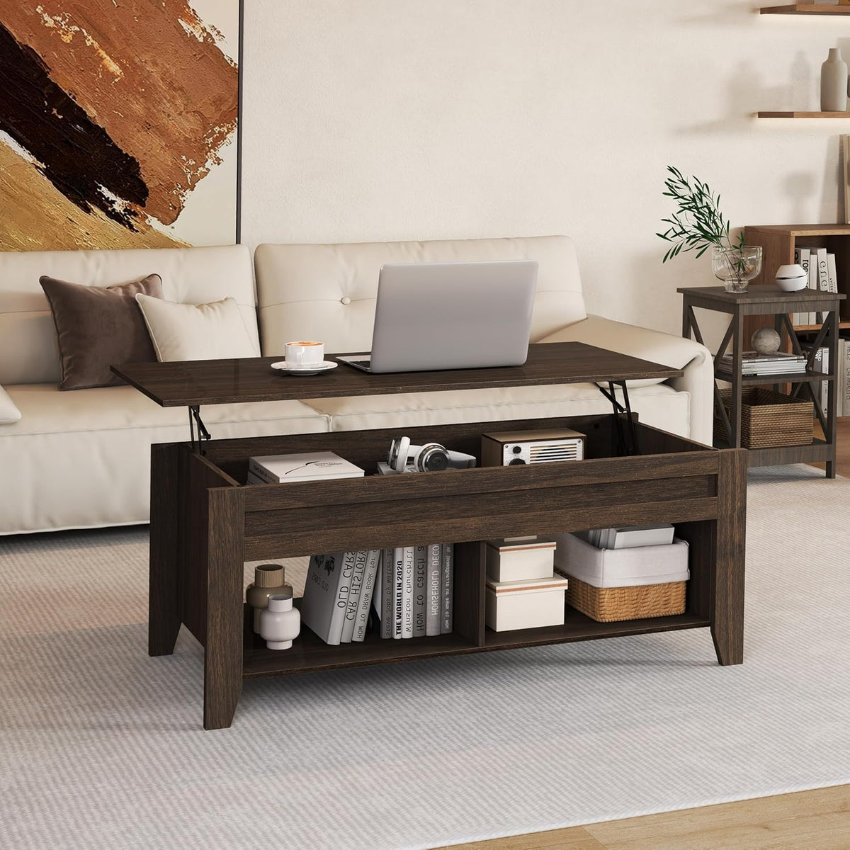 Lift Top Coffee Table with Hidden Storage Compartment & 2 Open Shelves