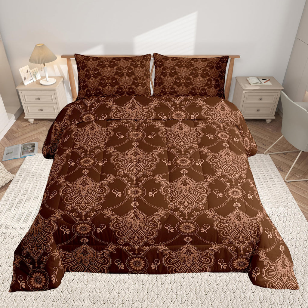 Brown Gothic Damask Floral Comforter Set Bedding Set