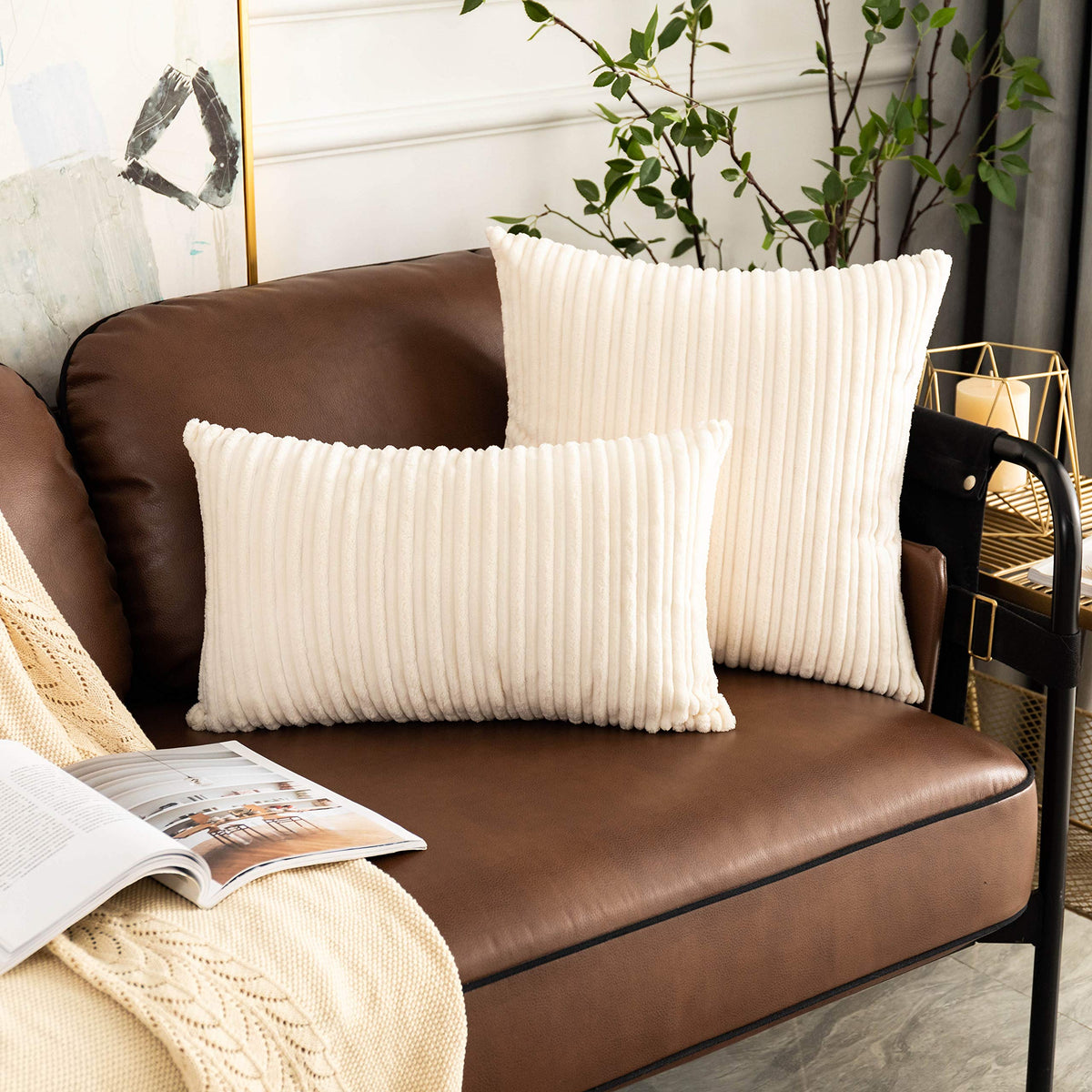 Pack of 2, Velvet Pillow Covers Striped, Soft Textured Throw Cushion Case Set, Accent Corduroy Lumbar Pillowcases