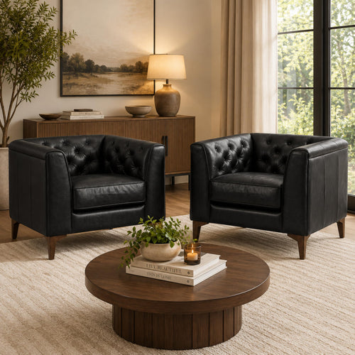 & BARK Essex 40" Lounge Chairs Set of 2 - Onyx Black Semi-Aniline Italian Leather, Tufted Back & Arms, Feather-Down