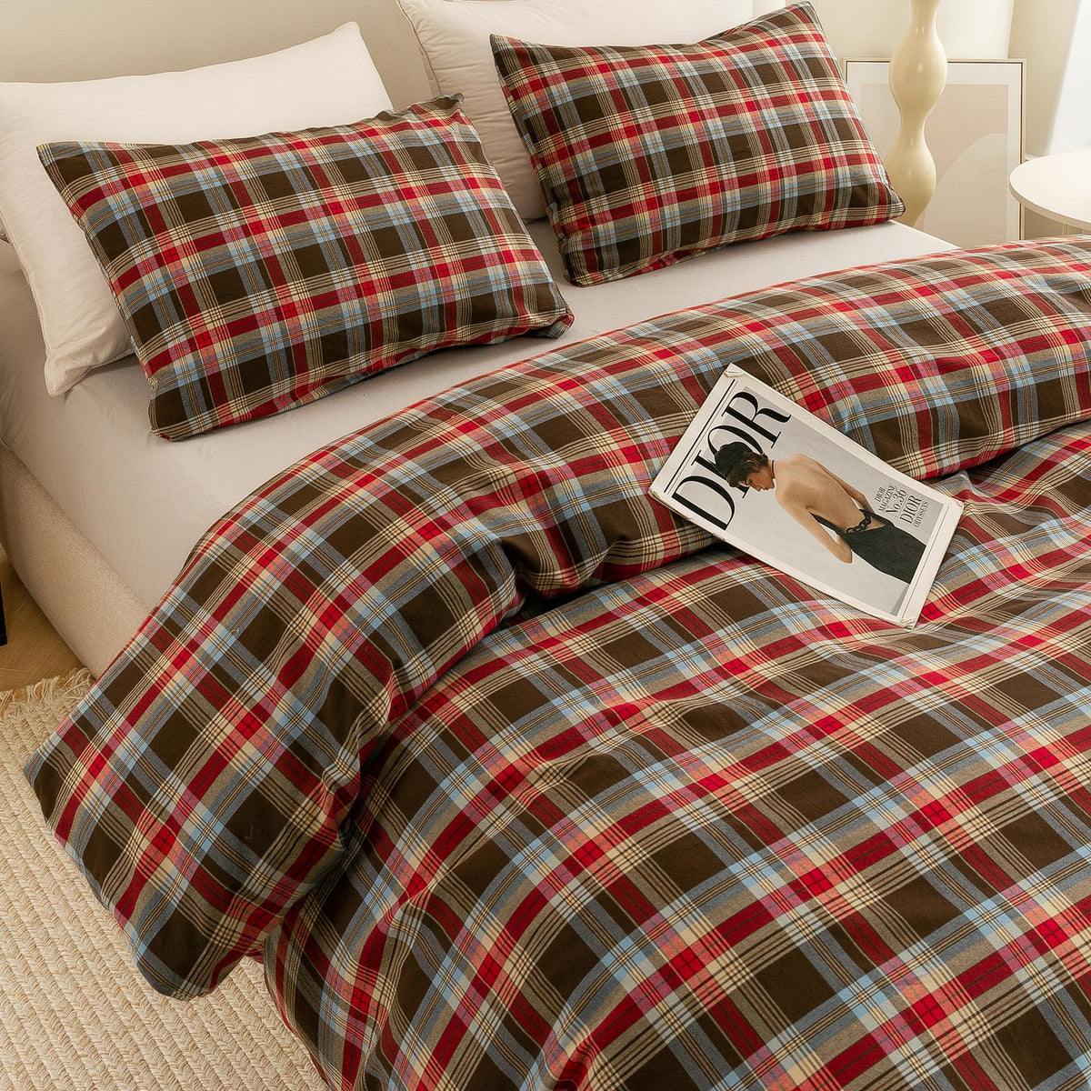 Cotton 3 Pcs Duvet Cover Set Linen Feel Red & Brown Plaid King