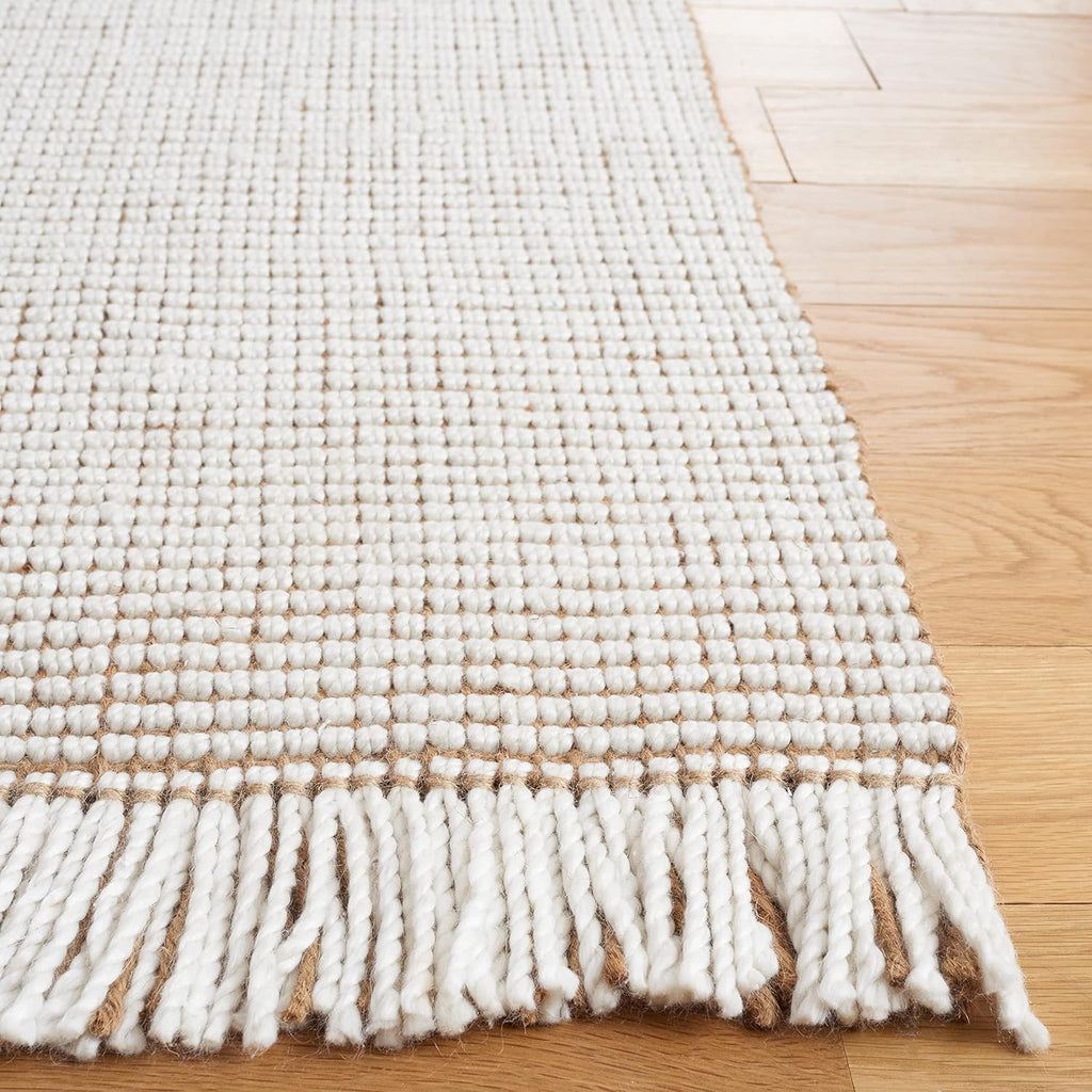 Natural Fiber Area Rug, Ivory & Natural, Handmade Woven Farmhouse Fringe Jute