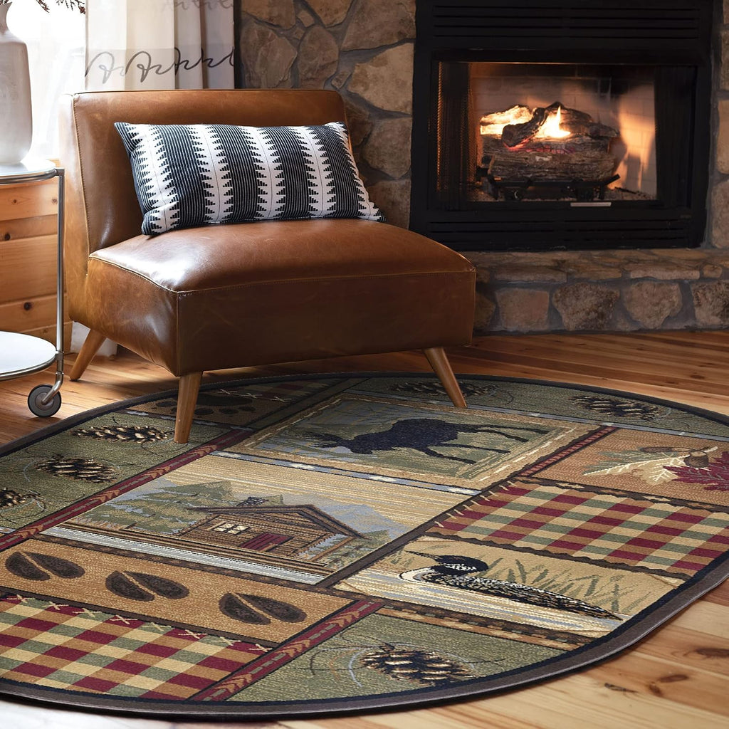 Homespun Cabin Multi-Color Oval Area Rug - Bedroom or DiningRoom - Lodge, Novelty