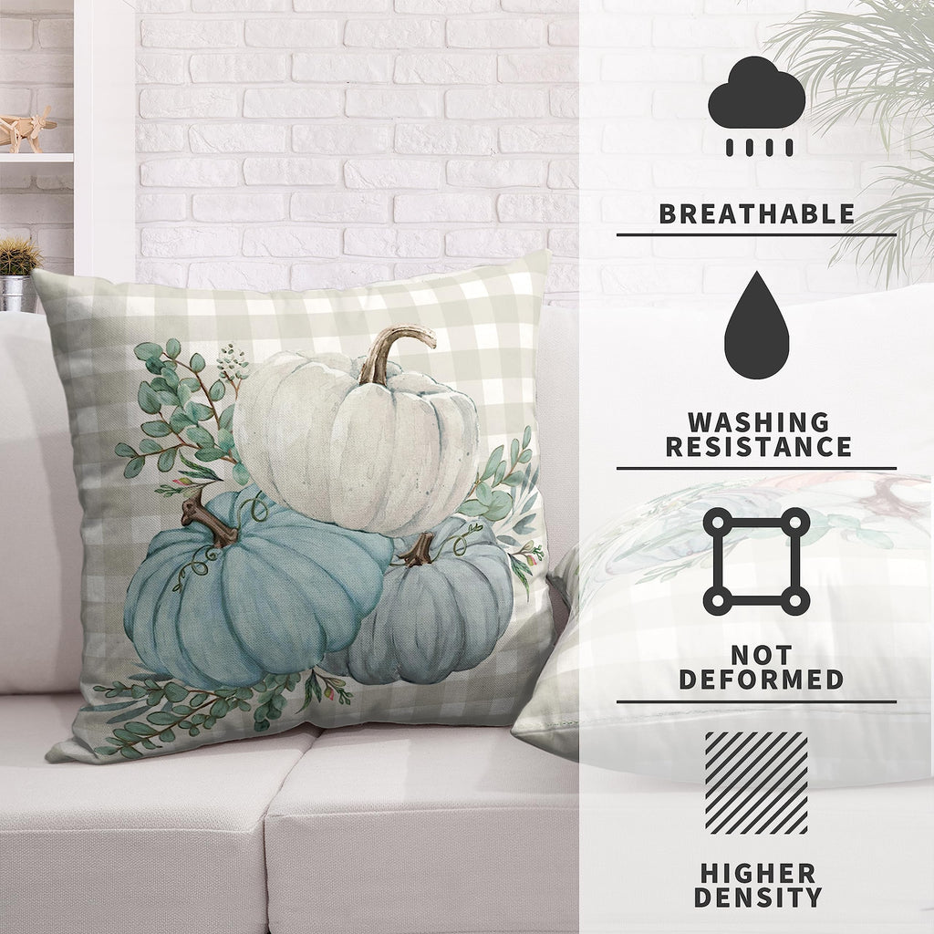 Fall Thanksgiving Pillow Covers 18x18 Set of 2 Watercolor Blue Pink Pumpkin Throw Pillow Covers Grey Plaid Autumn