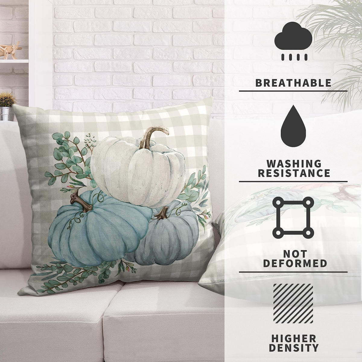 Fall Thanksgiving Pillow Covers 18x18 Set of 2 Watercolor Blue Pink Pumpkin Throw Pillow Covers Grey Plaid Autumn