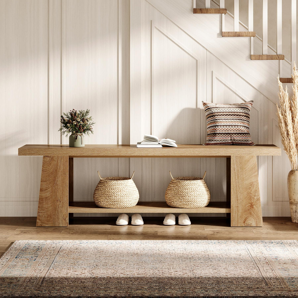 2-Tier Entryway Bench, 59-Inch Rustic Long Shoe Bench with Storage Shelves, Wood End of Bed Seat, Farmhouse Hallway