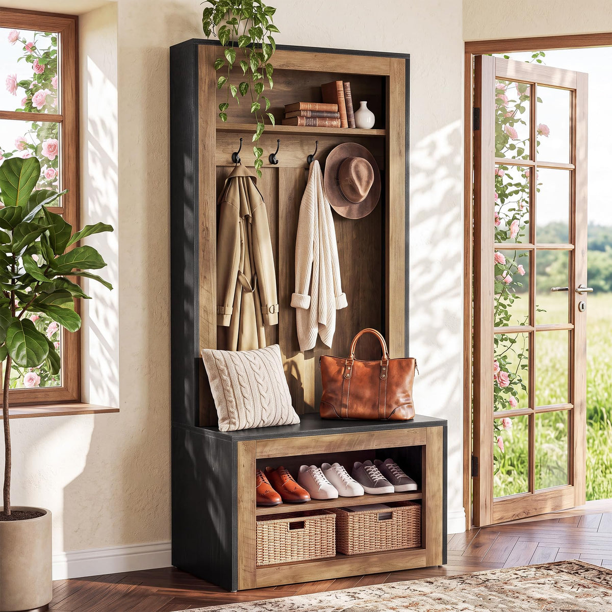 Hall Tree with Shoe Storage Bench, Farmhouse Entryway Coat Rack