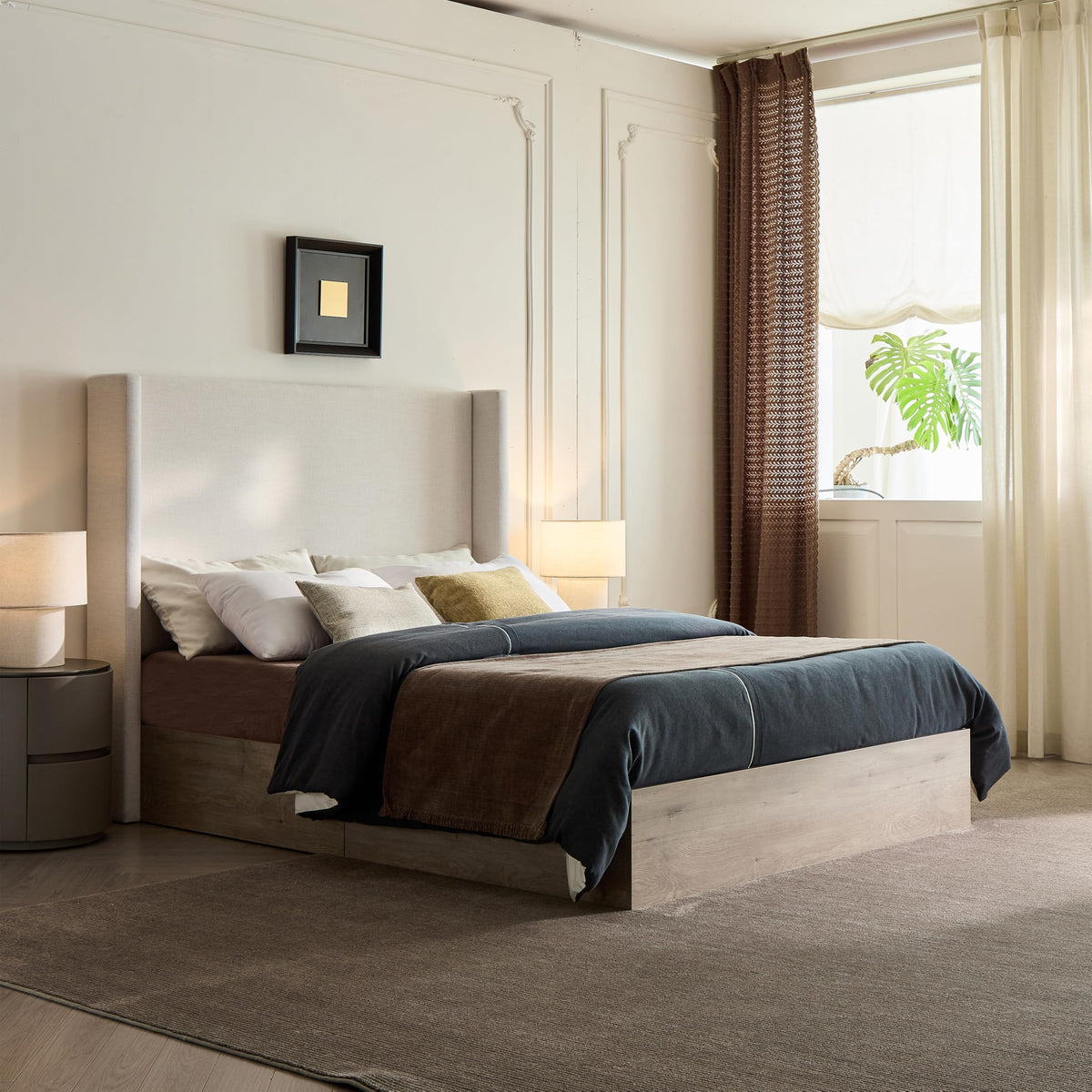 Upholstered Bed Frame, 54" Tall Headboard Shelton Wingback Bed Frames, Wood Base Platform Beds, No Box