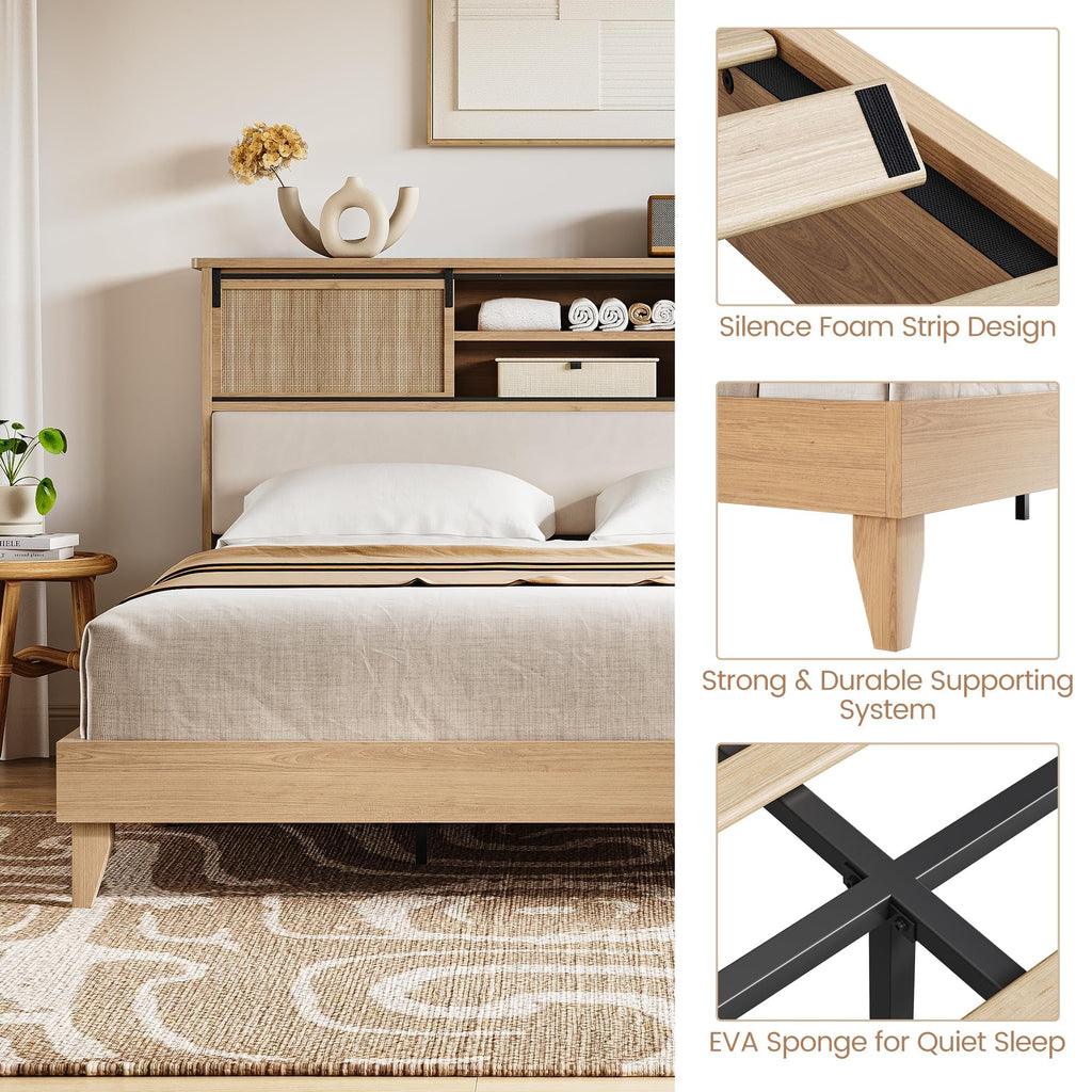 Full Bed Frame, Wood Platform Bed with Storage Headboard