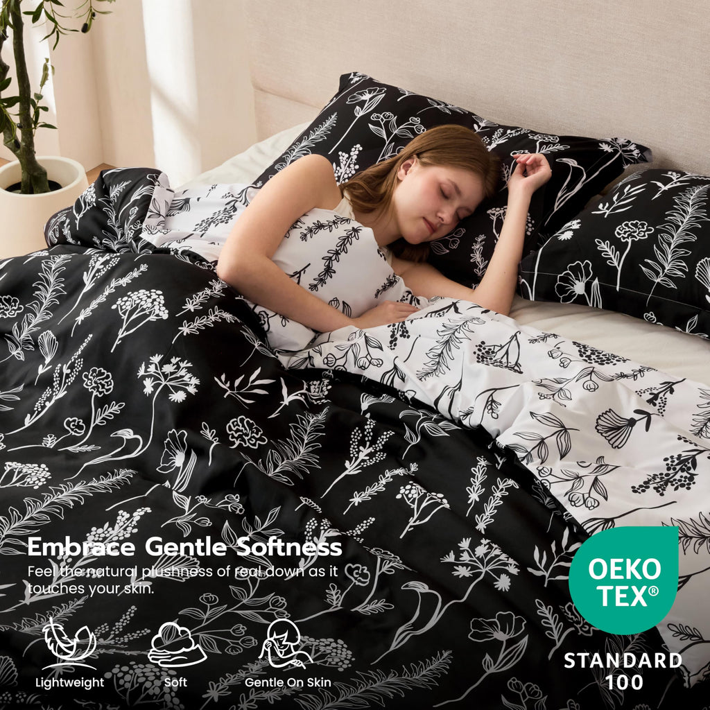 Floral Comforter Set Black Bedding Set - 3 Pieces Bed in a Bag with 1 Soft Reversible