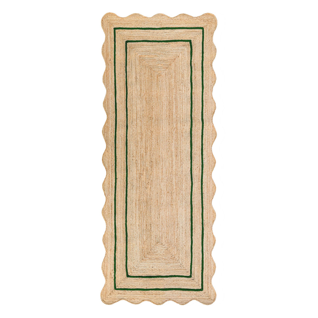 Wave Scalloped Natural Jute Runner, Green (2'6"x10'): Boho Farmhouse Entryway Scallop Rug