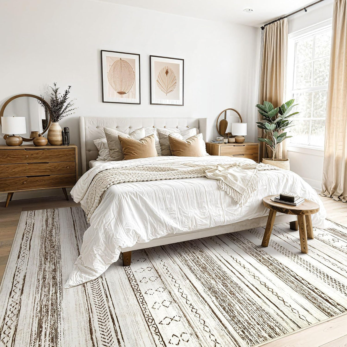Area Rug Living Room Rugs - Washable Large Soft Neutral Boho Moroccan Bohemian Farmhouse Rug Indoor Floor Carpet