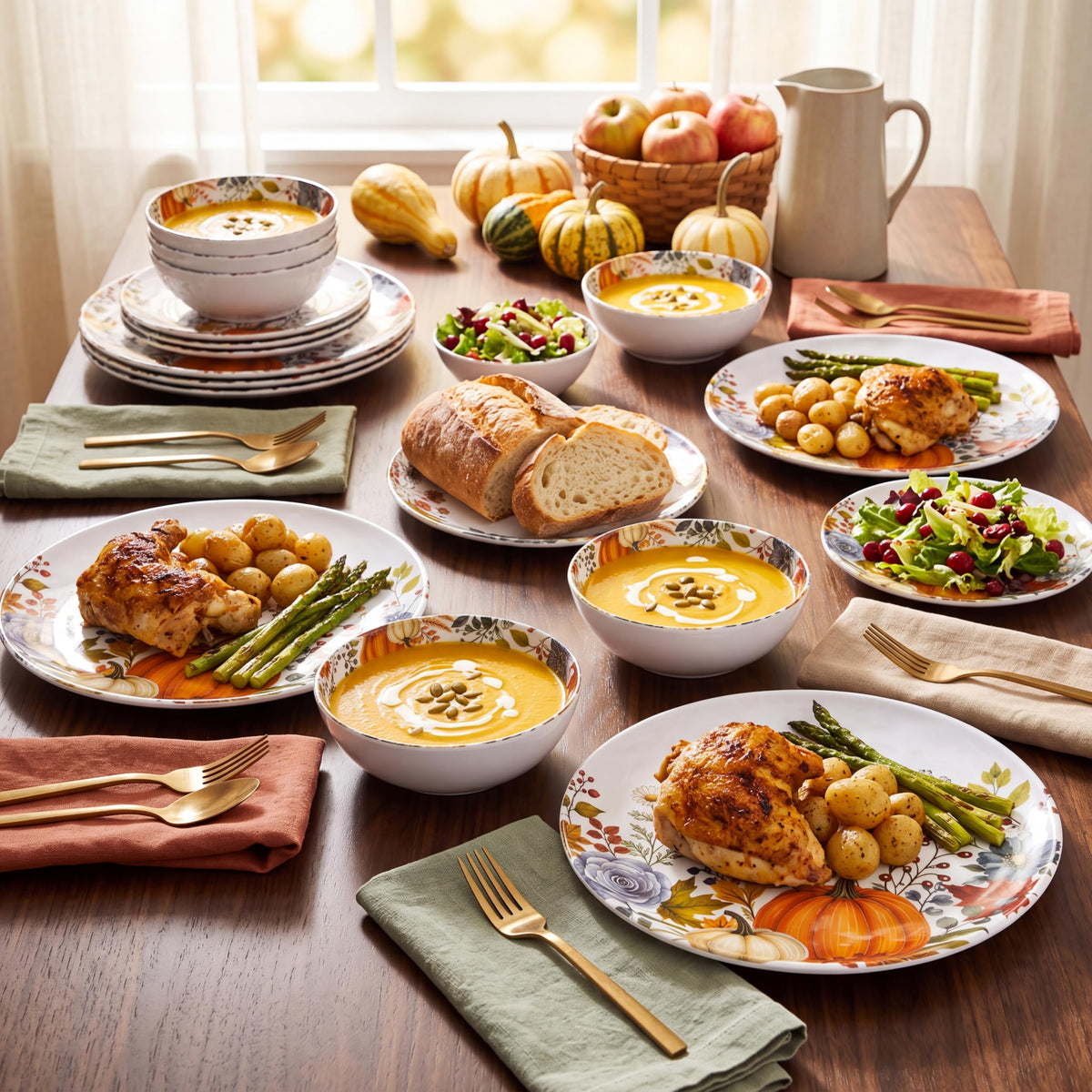 12pcs Melamine Dinnerware Set - Fall Pumpkin Plates and Bowls for RV