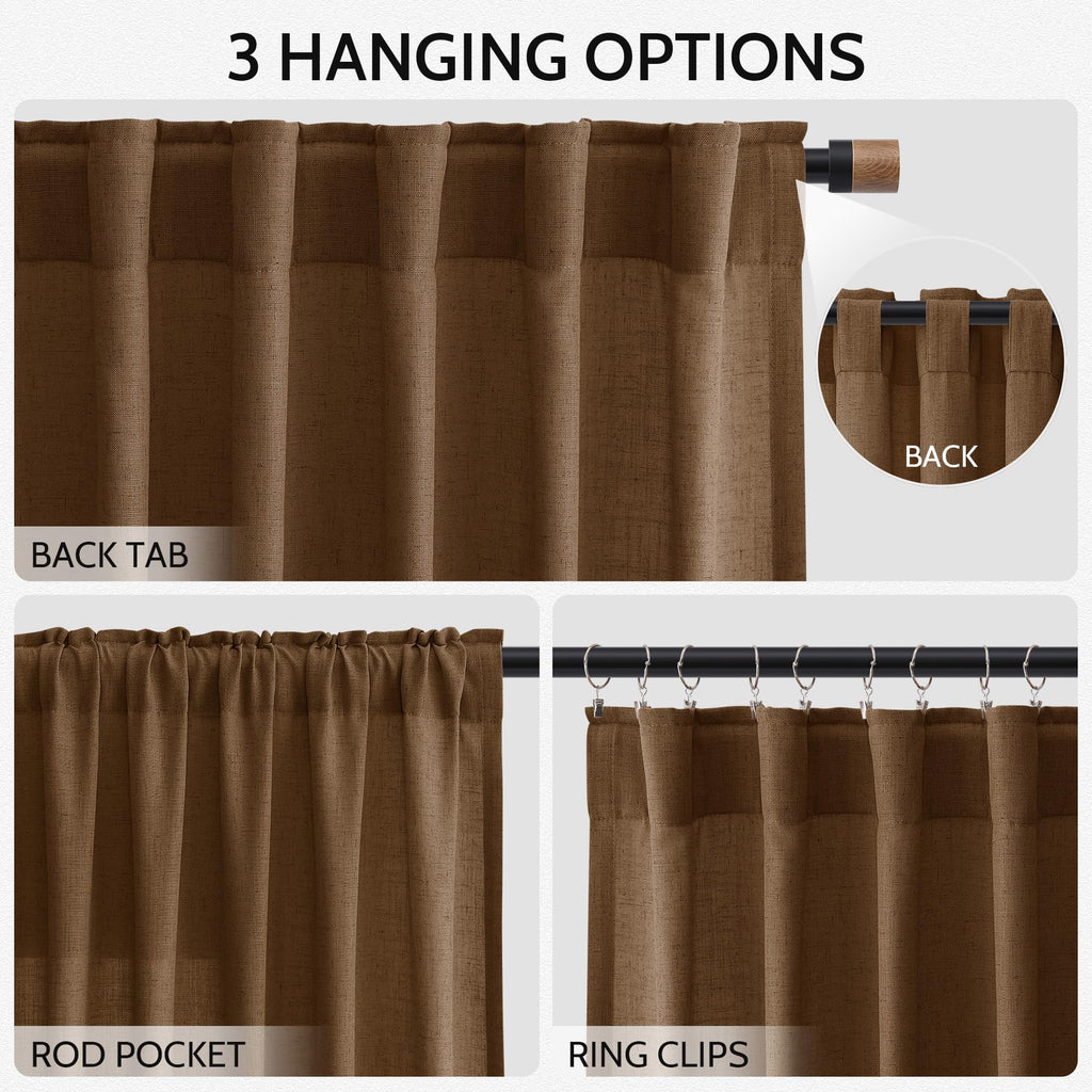 Tobacco Brown Linen Curtains 102 Inches Rod Pocket Back Tab Drapes 2 Panels Set Bedroom Light Filtering Semi Sheer