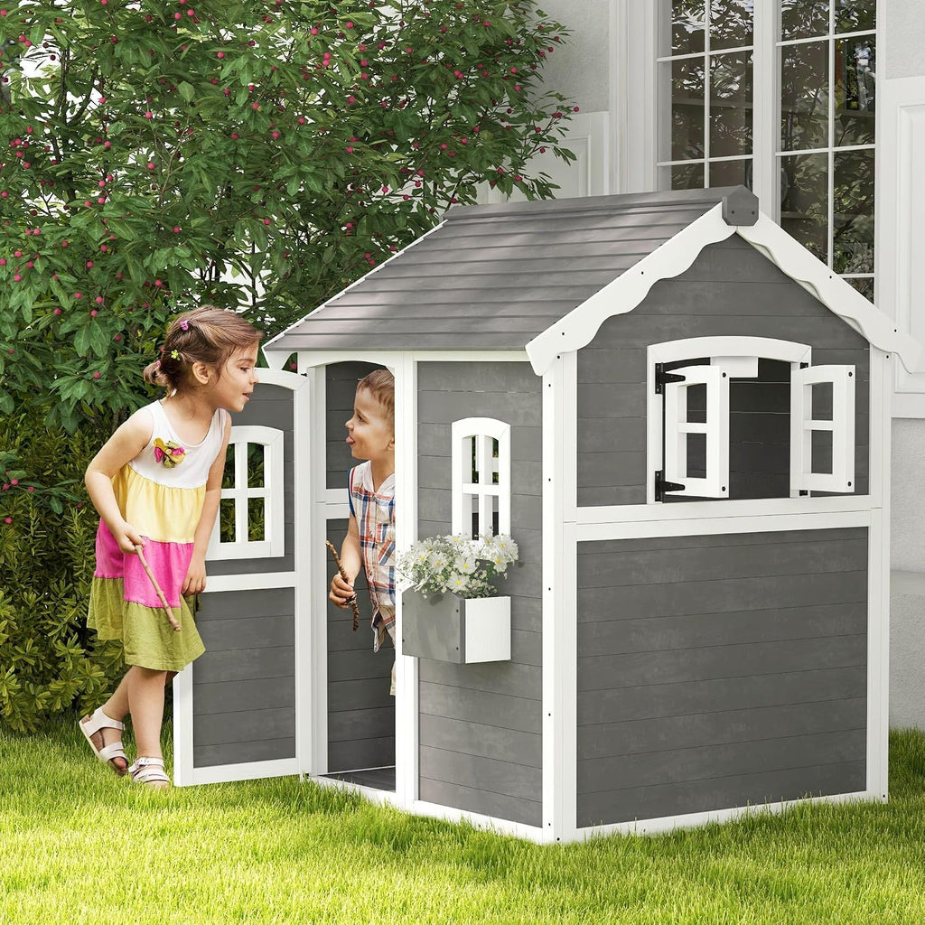 50x50x72in Kids' Outdoor Wooden Playhouse Includes Two Doors Two Windows Safety Floor PlanterBox for Children Ages 3