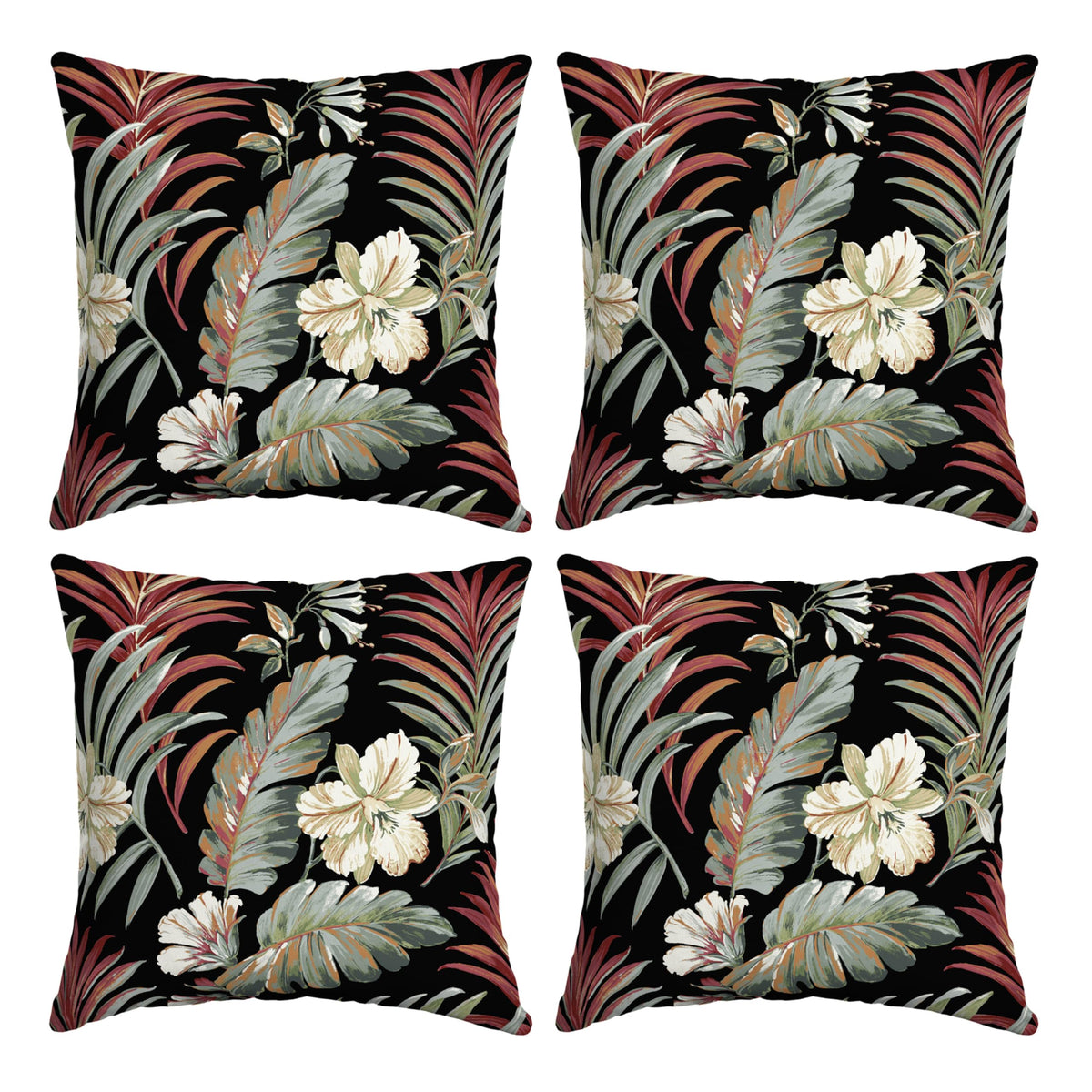 Outdoor Toss Pillow, 4-Pack, 16x16, Black Tropical