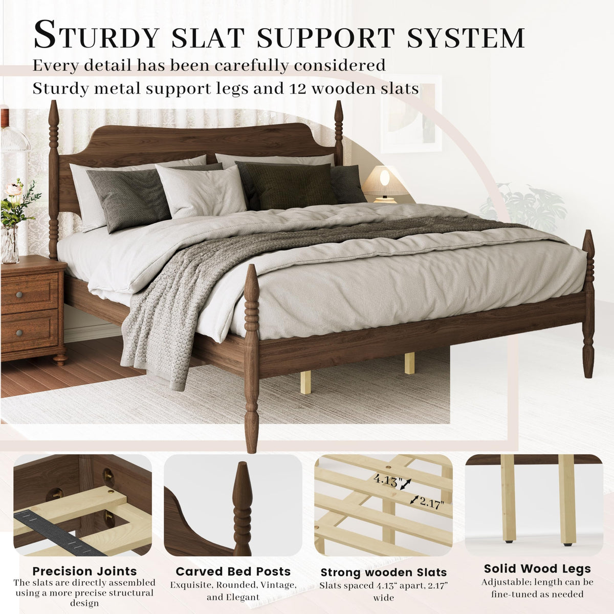 Vintage Wood Platform Bed Frame w/Tall Arched Headboard