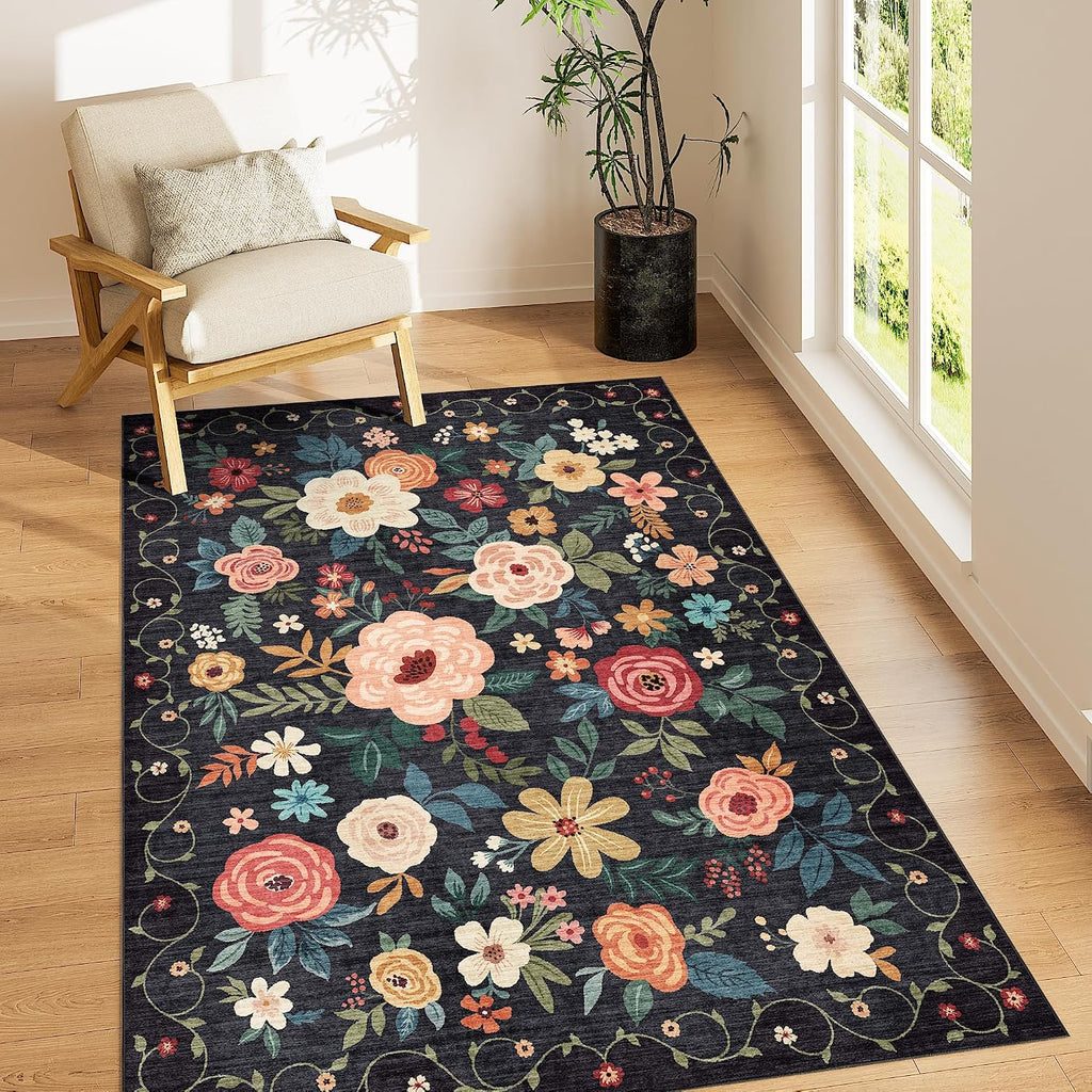 Area Rug, Floral Washable Rug Non Slip, Black
