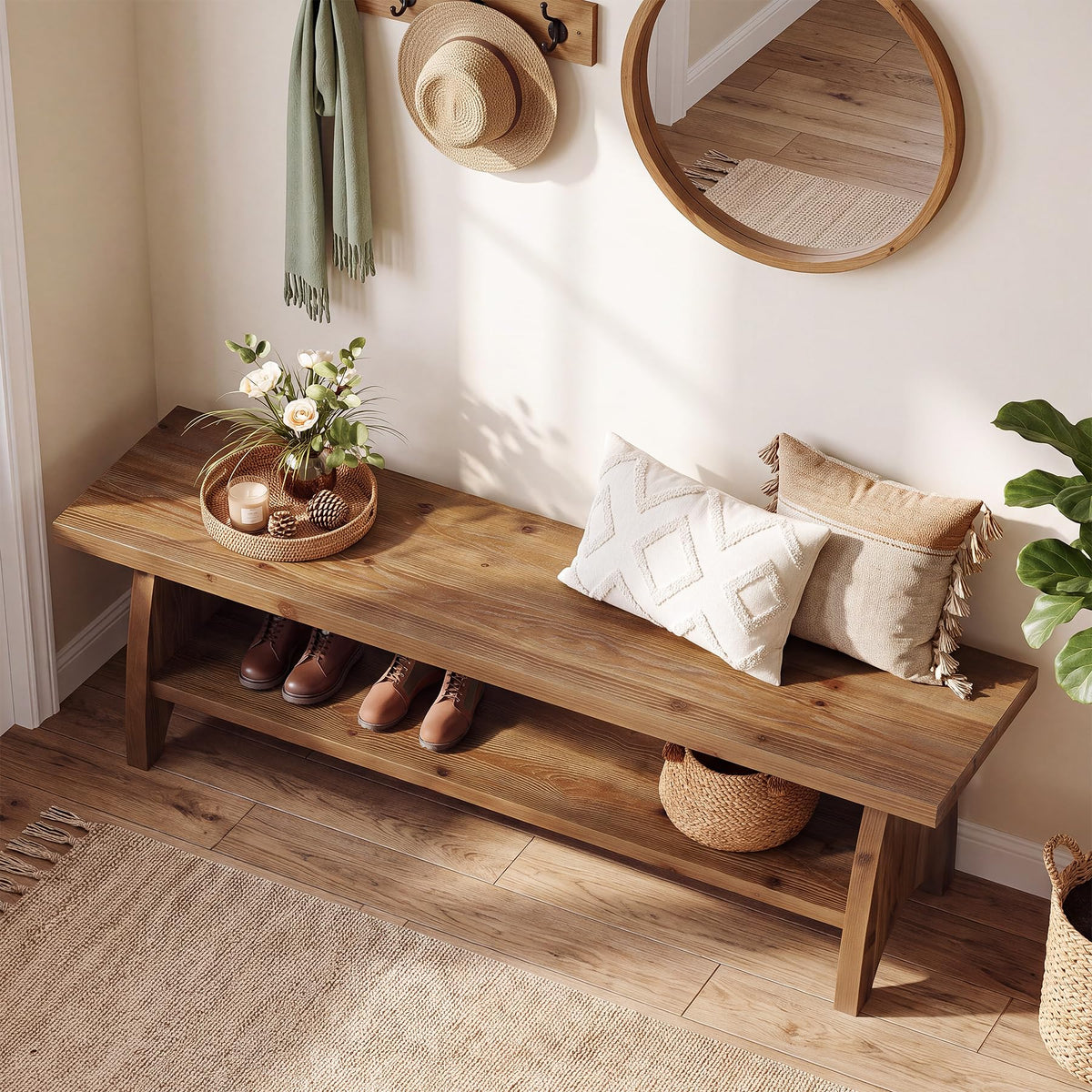 Farmhouse Solid Wood Entryway Bench with Shoe Storage