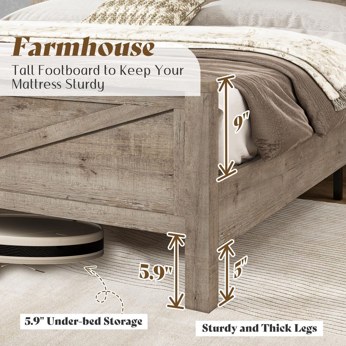 Farmhouse Slat Bed Frame with Storage Headboard