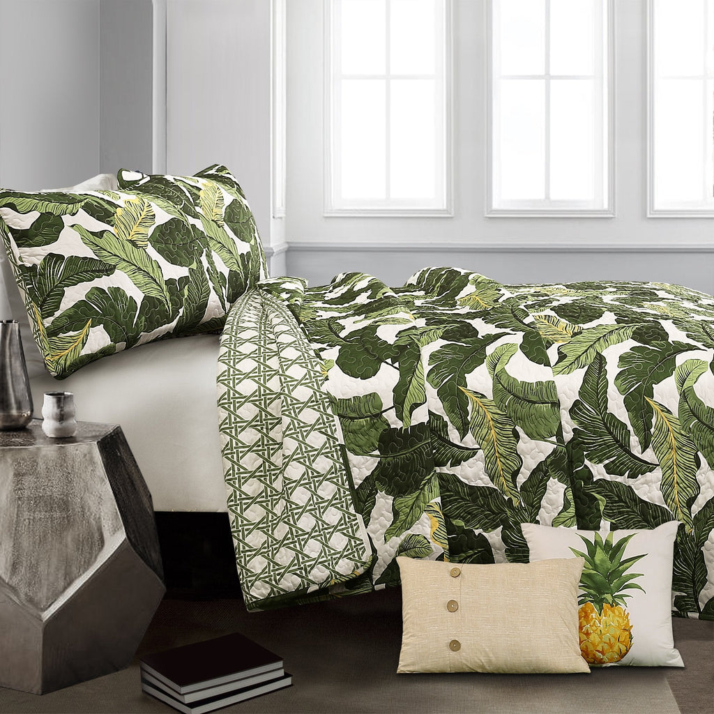 Tropical Paradise Reversible Quilt 5 Piece Set Green - Coastal Bedding Set Quilt - Beach Decor - Green