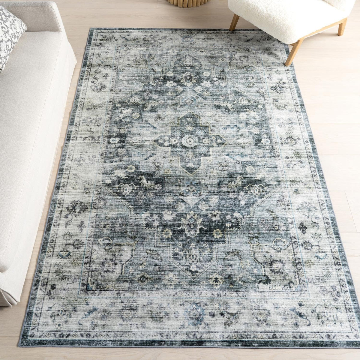 Kaiana Slate Blue Medallion Washable Area Rug