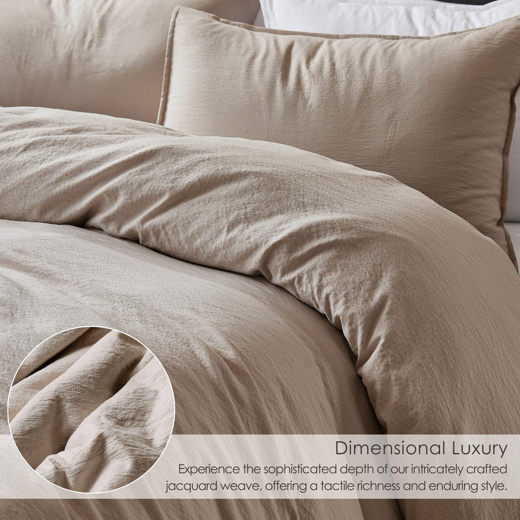 Dark Beige King Size Jacquard Duvet Cover Set with Zipper Closure, Modern Washed Soft Striped Bedding, Textured