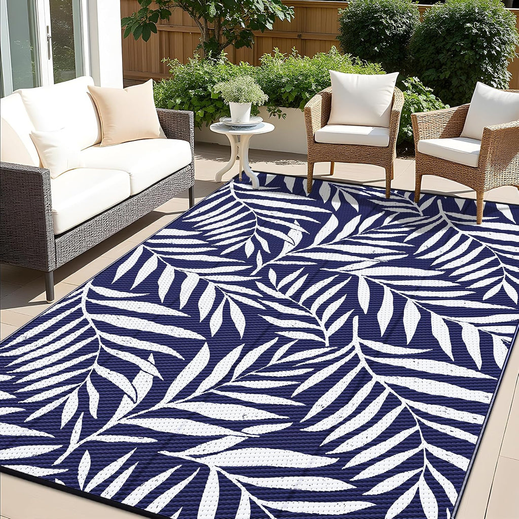 Outdoor Rug Waterproof Reversible Leaf Mat, Navy & White